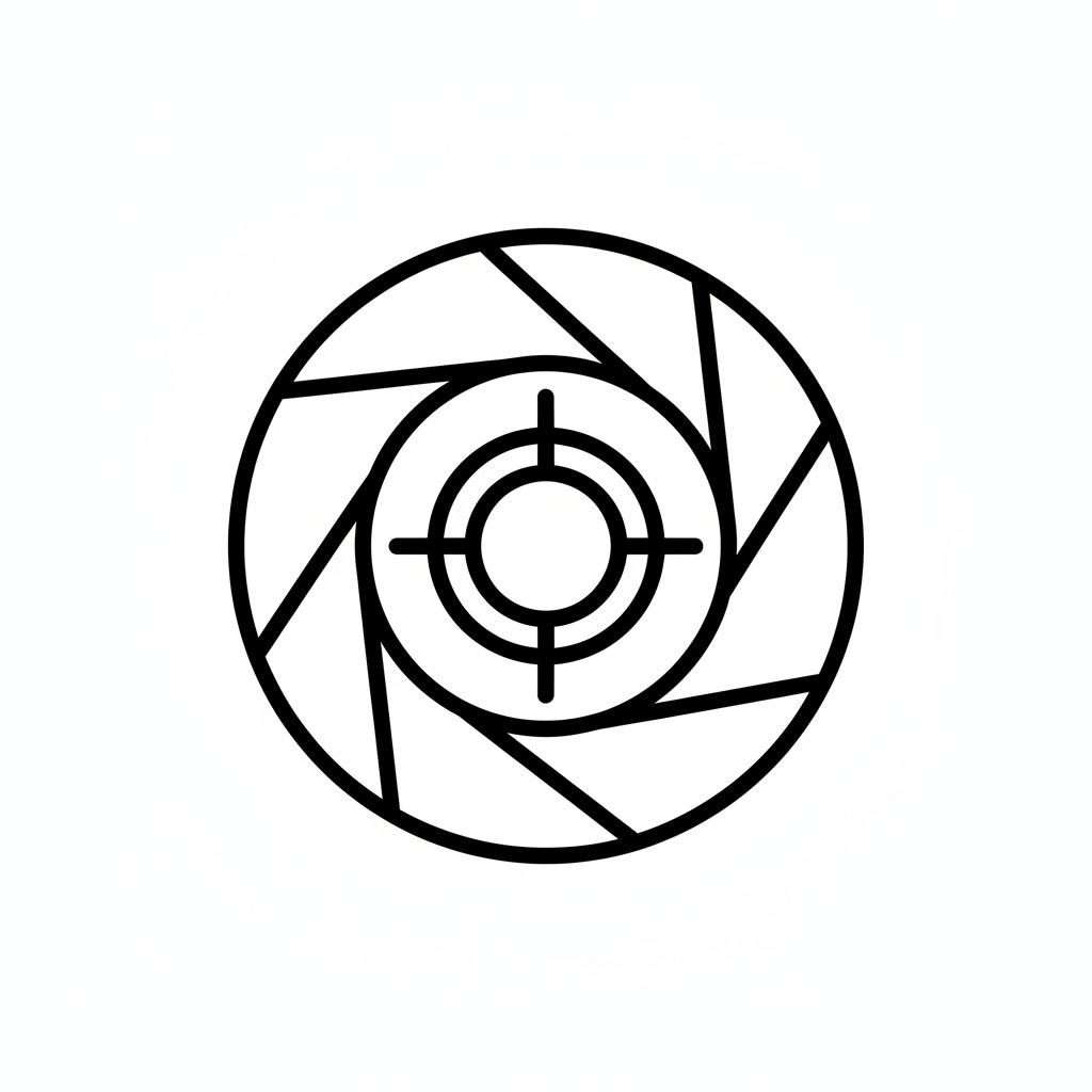 A black line icon of a camera aperture with a crosshair target in the center.